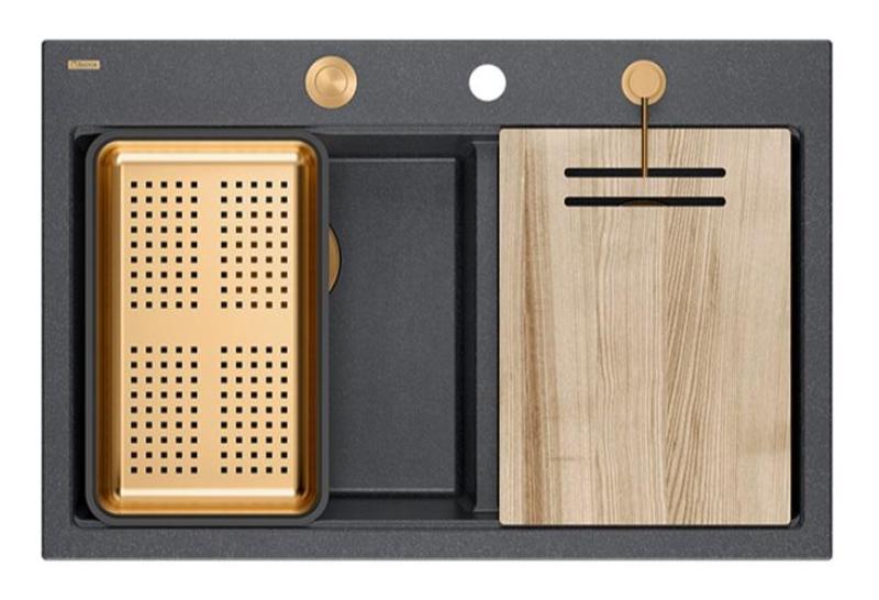 Quadri Hard Rock Doble Lavabo de Granito Antracita Empotrable 76x50 cm con Tapón de Cobre y accesorios 1208971388