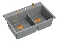 Quadri Hard Rock Doble Fregadero de Granito Gris 76x50 cm con Tapón de Cobre y Accesorios 1208971389