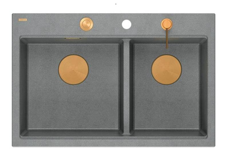 Quadri Hard Rock Doble Fregadero de Granito Gris 76x50 cm con Tapón de Cobre y Accesorios 1208971389