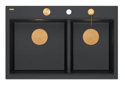 Quadri Hard Rock Doble Fregadero de Granito Negro Empotrado 76x50 cm con Tapón de Cobre y Accesorios 1208971390