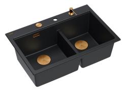Quadri Hard Rock Doble Fregadero de Granito Negro Empotrado 76x50 cm con Tapón de Cobre y Accesorios 1208971390