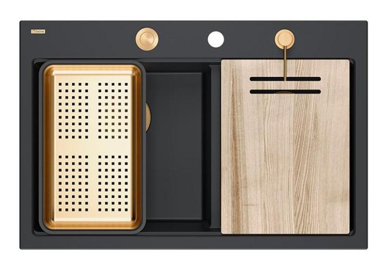 Quadri Hard Rock Doble Fregadero de Granito Negro Empotrado 76x50 cm con Tapón de Cobre y Accesorios 1208971390