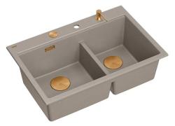 Quadri Hard Rock Doble Taupe Granito Montaje Fregadero 76x50 cm con Tapón de Cobre y Accesorios 1208971391