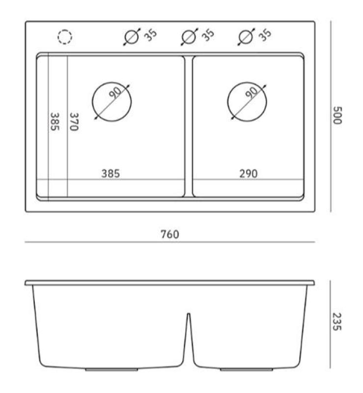 Quadri Hard Rock Doble Taupe Granito Montaje Fregadero 76x50 cm con Tapón de Cobre y Accesorios 1208971391