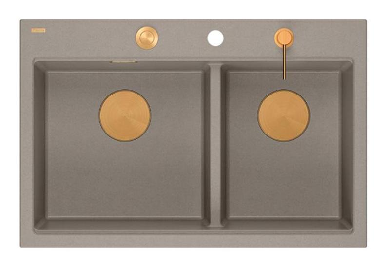 Quadri Hard Rock Doble Taupe Granito Montaje Fregadero 76x50 cm con Tapón de Cobre y Accesorios 1208971391