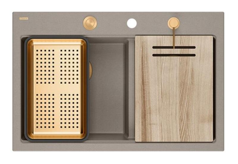 Quadri Hard Rock Doble Taupe Granito Montaje Fregadero 76x50 cm con Tapón de Cobre y Accesorios 1208971391