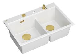 Quadri Hard Rock Doble Fregadero de Granito Blanco 76x50 cm con Tapón Dorado y Accesorios 1208971392