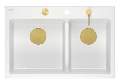 Quadri Hard Rock Doble Fregadero de Granito Blanco 76x50 cm con Tapón Dorado y Accesorios 1208971392