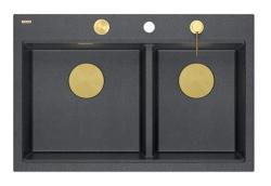 Quadri Hard Rock Doble Lavabo de Granito Antracita Empotrado 76x50 cm con tapón Dorado y accesorios 1208971393