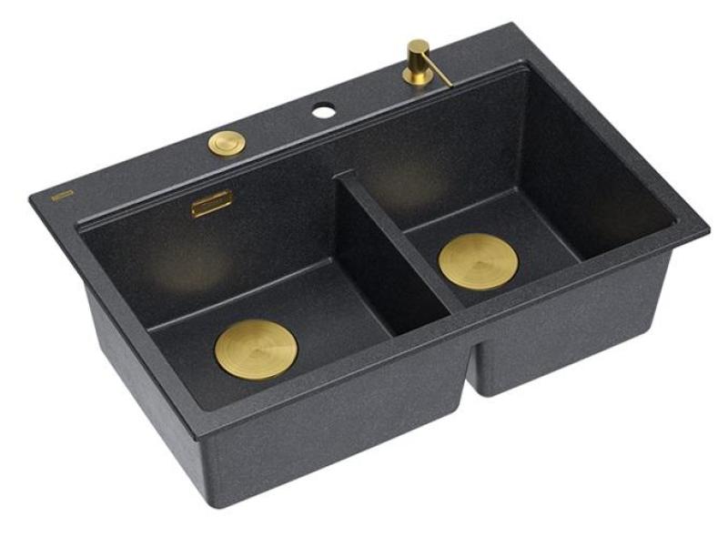 Quadri Hard Rock Doble Lavabo de Granito Antracita Empotrado 76x50 cm con tapón Dorado y accesorios 1208971393