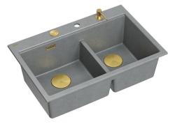 Fregadero de granito gris doble Quadri Hard Rock de 76x50 cm con tapón dorado y accesorios 1208971394