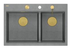 Fregadero de granito gris doble Quadri Hard Rock de 76x50 cm con tapón dorado y accesorios 1208971394
