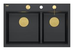 Quadri Hard Rock Doble Fregadero de Granito Negro Empotrado 76x50 cm con Tapón Dorado y Accesorios 1208971395
