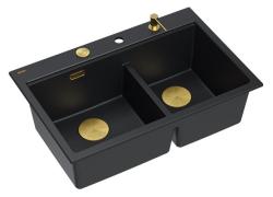 Quadri Hard Rock Doble Fregadero de Granito Negro Empotrado 76x50 cm con Tapón Dorado y Accesorios 1208971395