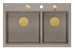 Quadri Hard Rock Doble Taupe Granito Fregadero de encimera 76x50 cm con tapón dorado y accesorios 1208971396