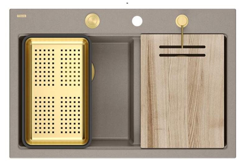 Quadri Hard Rock Doble Taupe Granito Fregadero de encimera 76x50 cm con tapón dorado y accesorios 1208971396