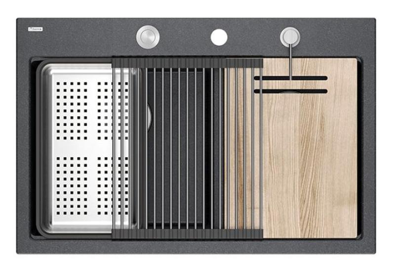 Quadri Hard Rock Doble Antracita Granito Montaje Fregadero 76x50 cm con tapón de acero inoxidable y accesorios 1208971399