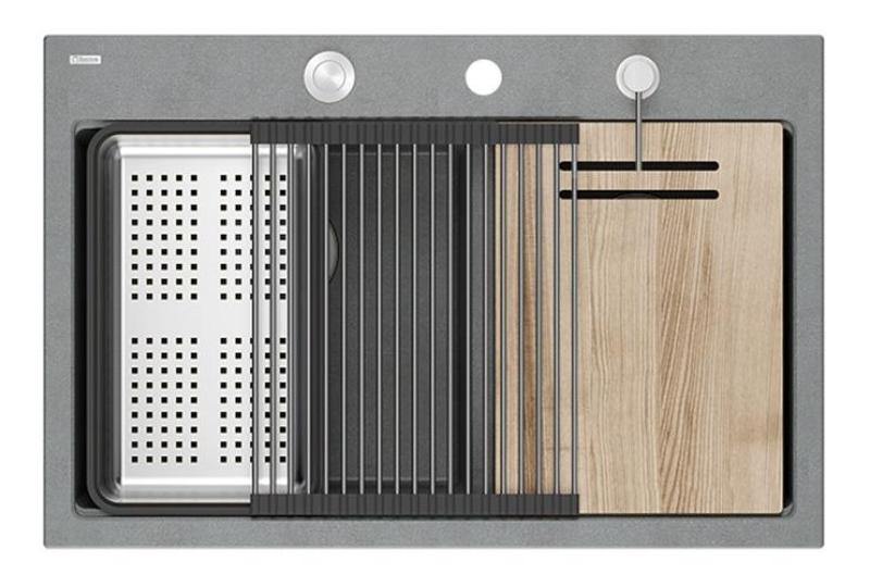 Quadri Hard Rock Doble Lavabo de Granito Gris Empotrado 76x50 cm con tapón de acero inoxidable y accesorios 1208971400