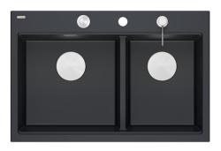 Quadri Hard Rock Doble Fregadero de Granito Negro Empotrado 76x50 cm con tapón de acero inoxidable y accesorios 1208971401