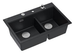 Quadri Hard Rock Doble Fregadero de Granito Negro Empotrado 76x50 cm con tapón de acero inoxidable y accesorios 1208971401