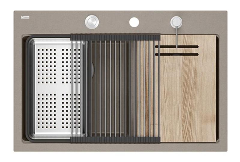 Quadri Hard Rock Doble Taupe Granito Montaje Superficial Lavabo 76x50 cm con tapón de acero inoxidable y accesorios 1208971402