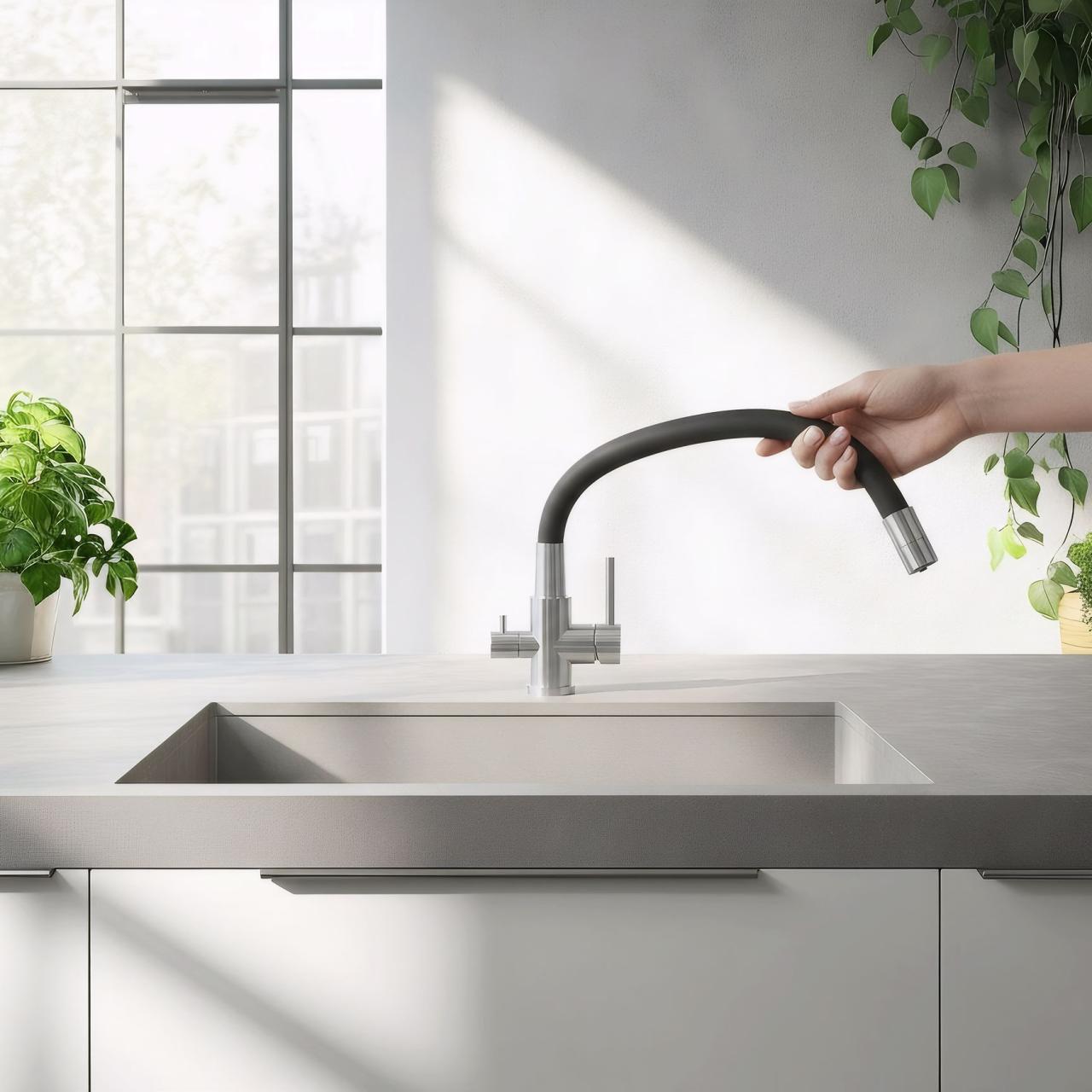 Grifo de cocina Quadri Selene RVS de 3 vías con salida flexible y conexión extra para agua filtrada 1208971407 - Productafbeelding 2