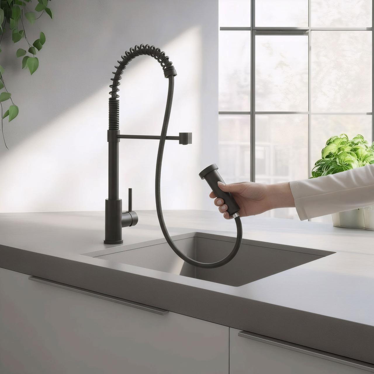 Quadri Redwick grifo de cocina negro con salida semi-flexible y ducha con 2 tipos de chorro más función de parada de agua 1208971410 - Productafbeelding 2