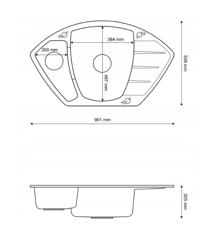 Graniteland Monte Lavabo de esquina de granito blanco empotrado 901x538mm con tapón de acero inoxidable 1208971415