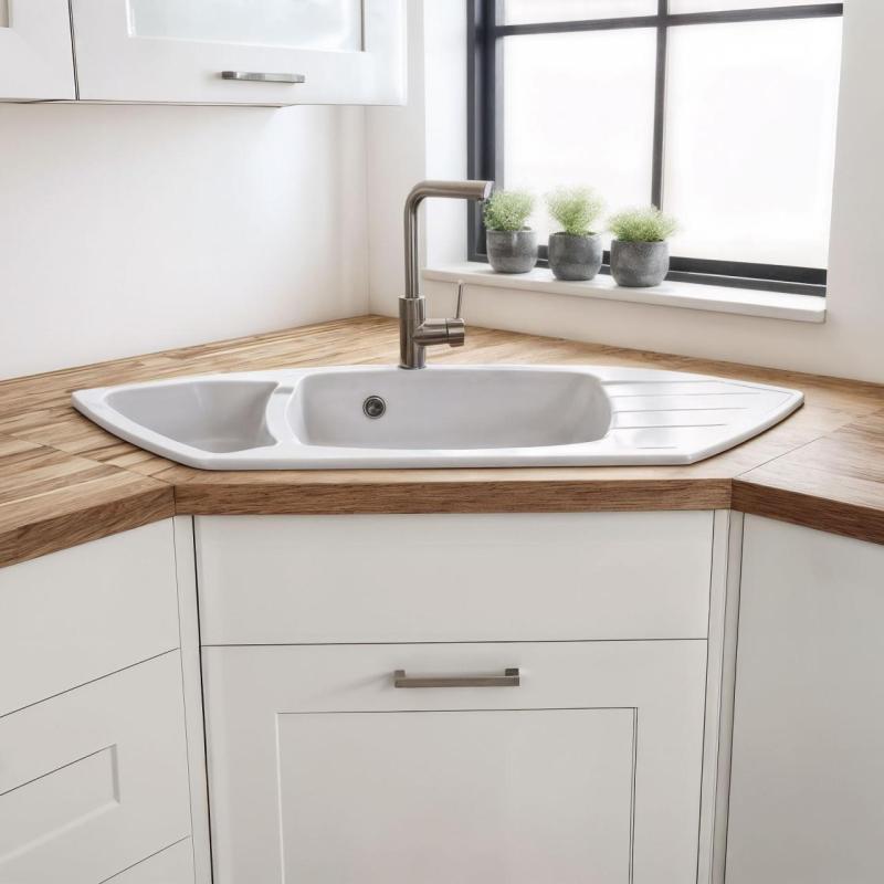 Graniteland Monte Lavabo de esquina de granito blanco empotrado 901x538mm con tapón de acero inoxidable 1208971415