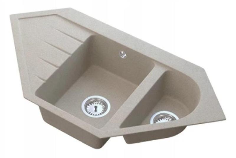 Graniteland Amiata Granito beige Fregadero de esquina empotrado 965x496mm con tapón de acero inoxidable 1208971417