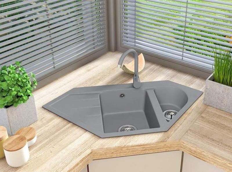 Graniteland Amiata Granito gris Fregadero de esquina empotrado 965x496mm con tapón de acero inoxidable 1208971419