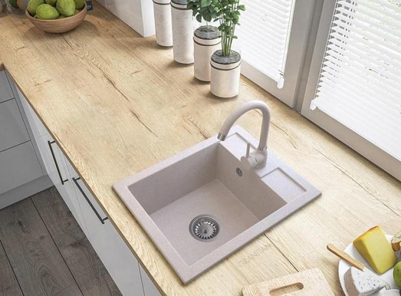 Graniteland Prest Lavabo beige de granito Tapwing con banco de agujero para grifo de montaje en superficie 400x500mm con tapón de acero inoxidable 1208971422