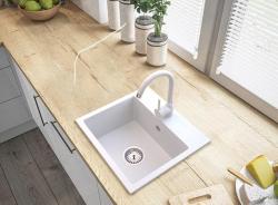 Graniteland Nera Fregadero de Granito 45x42 cm Montaje en Blanco con Orificio para Grifo y Tapón de Acero Inoxidable 1208971435