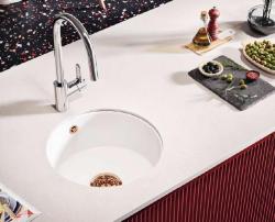 Ausmann Ceramic Ember Fregadero redondo de cerámica blanco de montaje superior e inferior con tapón de cobre 1208971462
