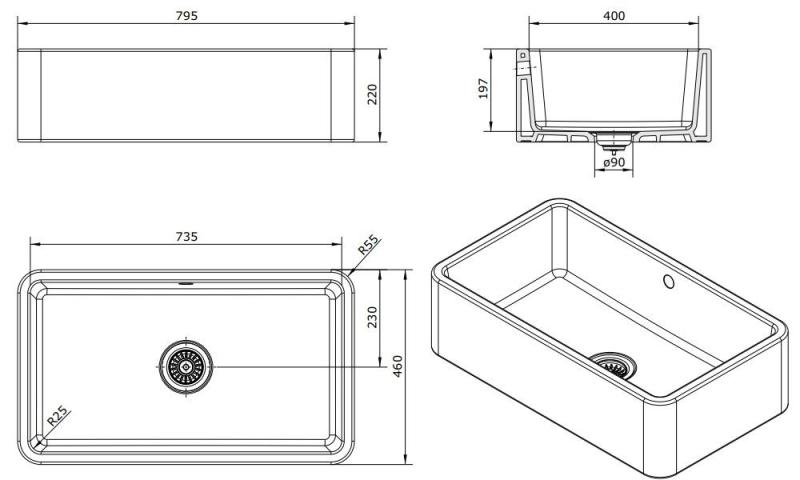 Ausmann Ceramic Mira Fregadero Cerámico Blanco - Subestructura e Interestructura 795 x 460 mm con tapón blanco 1208971470