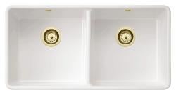 Ausmann Ceramic Mira Cerámica Blanca Doble Fregadero - Subestructura e Interestructura 890 x 456 mm con Tapones Dorados 1208971471