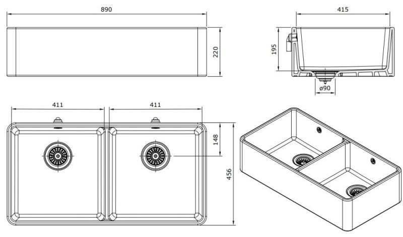Ausmann Ceramic Mira Cerámica Blanca Doble Fregadero - Subestructura e Interestructura 890 x 456 mm con Tapones Dorados 1208971471