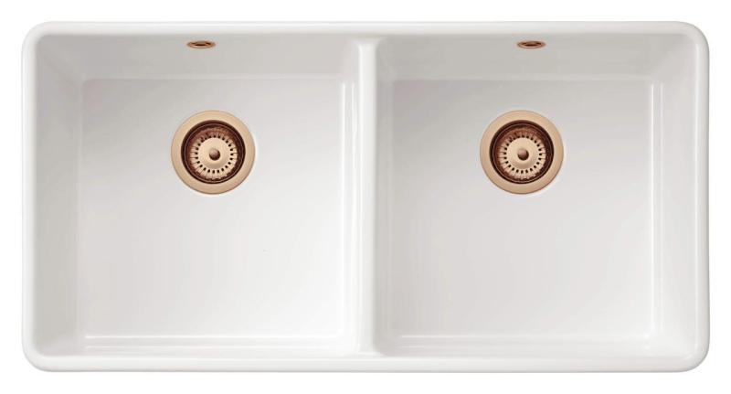 Ausmann Ceramic Mira Cerámica Blanca Doble Lavabo - Bajo encimera y Entre encimera 890 x 456 mm con Tapones de Cobre 1208971472