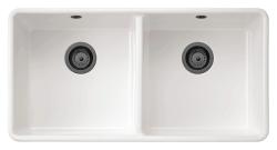 Ausmann Ceramic Mira Cerámica Blanca Doble Fregadero - Submontaje e Intermedio 890 x 456 mm con Tapones de Metal Gun 1208971473