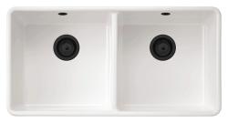 Ausmann Ceramic Mira Cerámica Blanca Doble Fregadero - Empotrable y Entrepaño 890 x 456 mm con Tapones Negros 1208971474