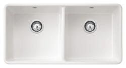 Ausmann Ceramic Mira Cerámica Blanca Doble Fregadero - Subestructura e Interestructura 890 x 456 mm con Tapones Blancos 1208971475