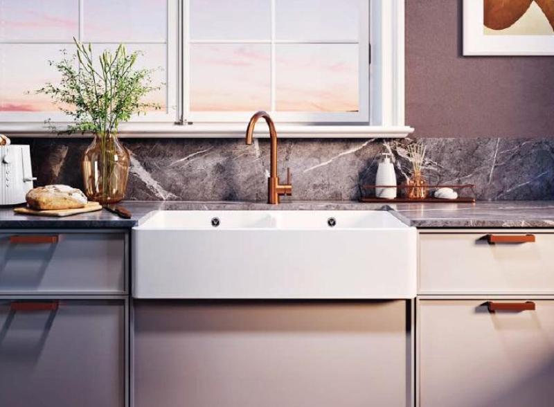 Ausmann Ceramic Mira Cerámica Blanca Doble Fregadero - Subestructura e Interestructura 890 x 456 mm con Tapones Blancos 1208971475