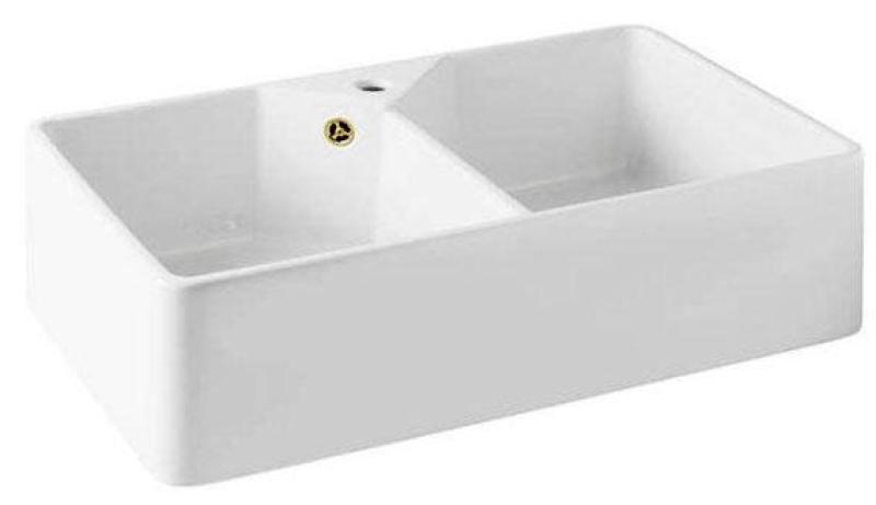 Ausmann Ceramic Mira Cerámica Blanca Doble Fregadero - Montaje Inferior y Mediano 793 x 450 mm con banco de orificios para grifo y tapón dorado 1208971476