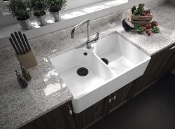 Ausmann Ceramic Mira Cerámica Blanca Doble Fregadero - Empotrado y Semiempotrado 793 x 450 mm con orificio para grifo y tapón negro 1208971479