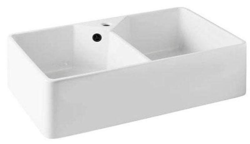 Ausmann Ceramic Mira Cerámica Blanca Doble Fregadero - Empotrado y Semiempotrado 793 x 450 mm con orificio para grifo y tapón negro 1208971479