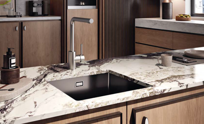 Ausmann Ceramic Ember Fregadero Cuadrado de Cerámica Mate Negro de Encimera y Submontaje 40 x 40 cm con Tapón Dorado 1208971486