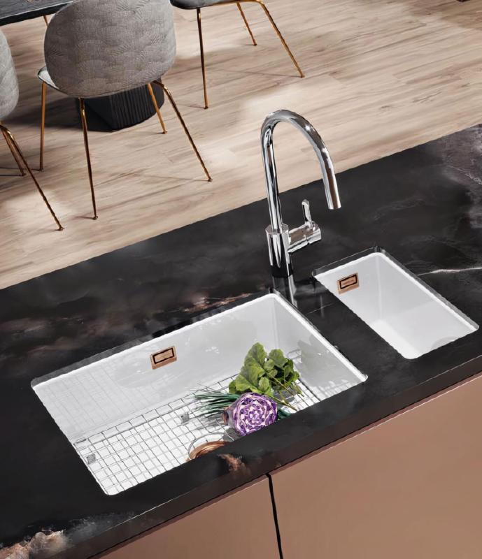 Ausmann Ceramic Ember Fregadero cerámico blanco semicircular de montaje superior e inferior 174 x 400 mm con tapón de cobre 1208971502