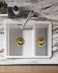 Ausmann Ceramic Ember Cerámica Blanca Un lavabo y medio de montaje superior e inferior 535 x 400 mm con enchufes dorados 1208971506