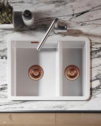 Ausmann Ceramic Ember Fregadero de cerámica blanco de una y media cubetas para montaje superior e inferior 535 x 400 mm con tapones de cobre 1208971507