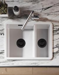Ausmann Ceramic Ember Fregadero de Cerámica Blanco de Un Y Medio Montaje Superior e Inferior 535 x 400 mm con Tapones Negros 1208971509